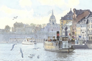 Reproducerad akvarell/giclée - Djurgårdsfärja vid Skeppsbron